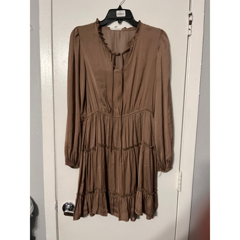 Blu Pepper Mocha Brown Swiss Dot Tiered Mini Dress Long Sleeve Tie Neck M CR1415